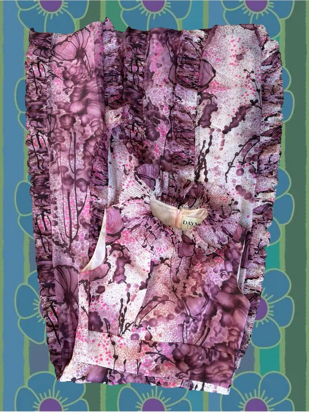 60s/70s “Daymore Couture” Floral Ruffle-Trim Sleeveless Dress - Pink & Purple